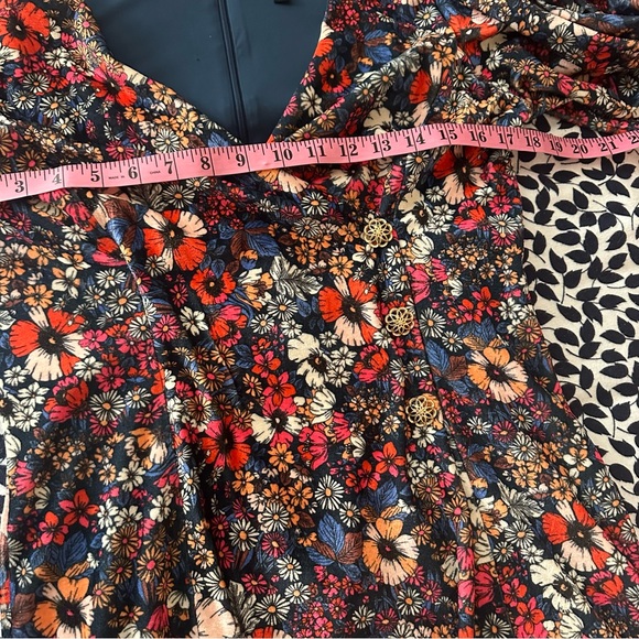 Sage Multicolored Velvet Floral Short Puffy Sleeve 3 Front Buttons Shift Dress S - Picture 15 of 16